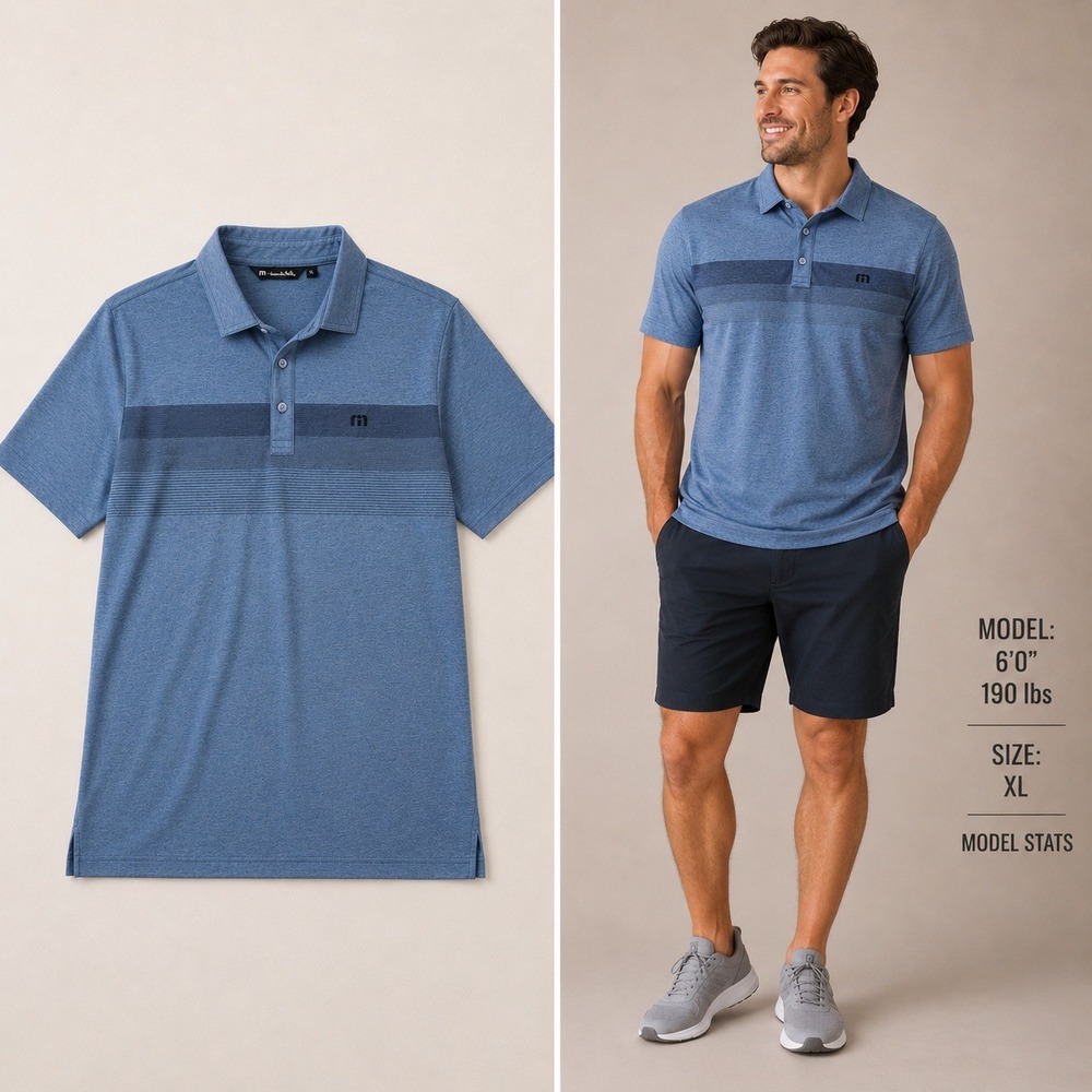 TravisMathew Mens XL Blue Heathered Chest Stripe Short Sleeve Golf Polo Shirt